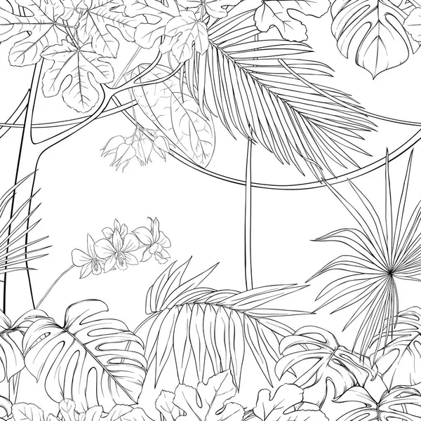 Plantas tropicales y flores. Patrón sin costuras, fondo. Ilustración vectorial . — Archivo Imágenes Vectoriales