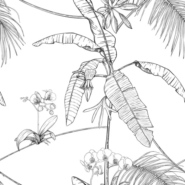 Plantas e flores tropicais. Padrão sem emenda, fundo. Ilustração vetorial . — Vetor de Stock