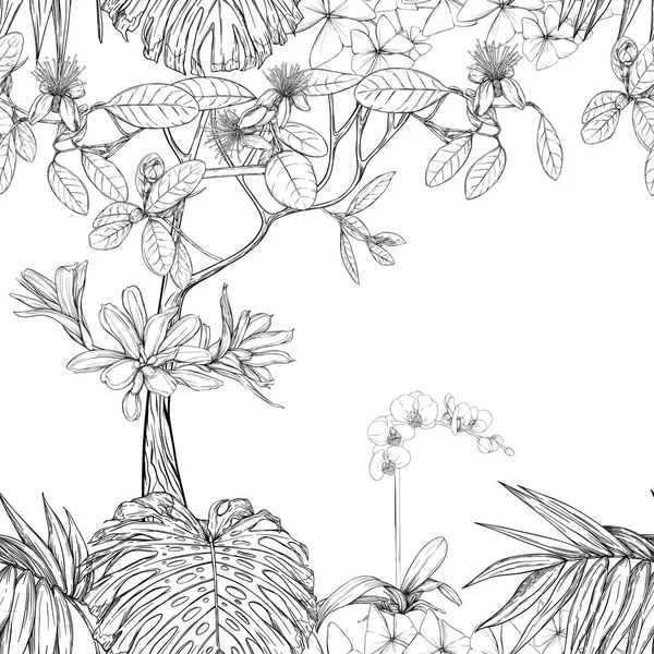 Τροπικά φυτά και λουλούδια. Χωρίς ραφή πρότυπο, φόντο. Εικονογράφηση διάνυσμα. — Διανυσματικό Αρχείο