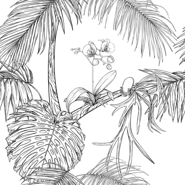 Plantes tropicales et fleurs. Modèle sans couture, fond. Illustration vectorielle . — Image vectorielle