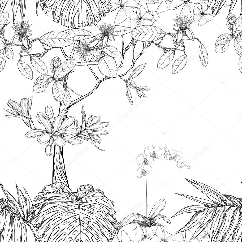 Tropical plants and flowers. Seamless pattern, background. Vector illustration.