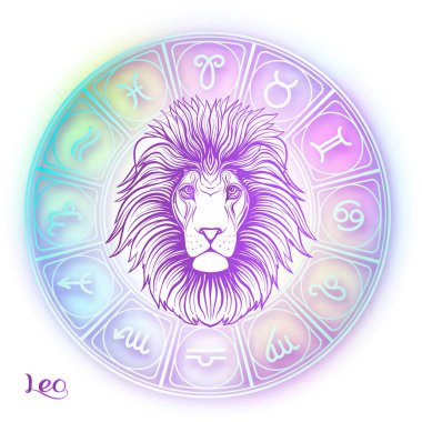 Leo, aslan burcu. Astrolojik burç koleksiyonu. Yumuşak ultra violet uzay arka plan Violet. Vektör çizim