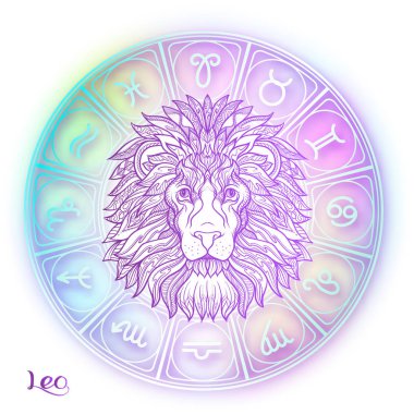 Leo, aslan burcu. Astrolojik burç koleksiyonu. Yumuşak ultra violet uzay arka plan Violet. Vektör çizim