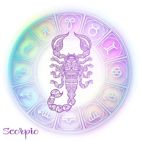 Skorpion Tierkreiszeichen Astrologische Horoskopsammlung Violett Auf Weichem Ultraviolettem Raumhintergrund Vektorillustration — Stockvektor