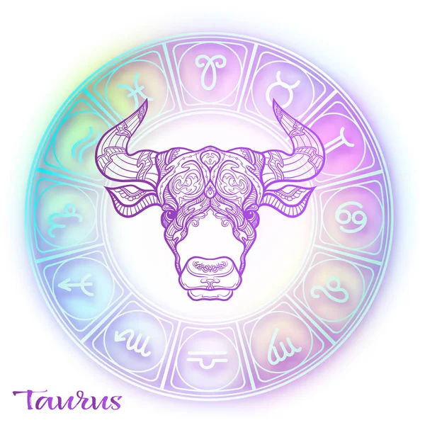 金牛座 牛生肖星座 占星星座收集 紫色在柔和的紫外线空间背景 矢量插图 — 图库矢量图片