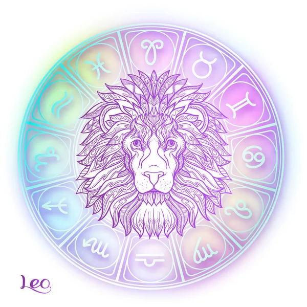 Лео Знак Зодиака Коллекция Астрологических Гороскопов Фиолетовый Мягком Ультрафиолетовом Фоне — стоковый вектор