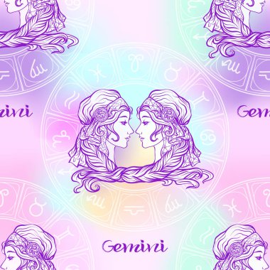 Bir Astroloji, zodyak işaretleri sembolleri ile Seamless modeli. Yumuşak ultra violet vanilya pastel renklerle. Hisse senedi vektör çizim.