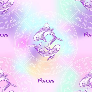Bir Astroloji, zodyak işaretleri sembolleri ile Seamless modeli. Yumuşak ultra violet vanilya pastel renklerle. Hisse senedi vektör çizim.