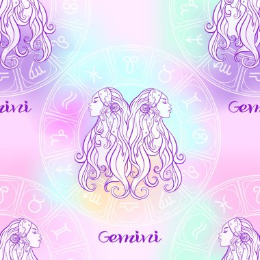Bir Astroloji, zodyak işaretleri sembolleri ile Seamless modeli. Yumuşak ultra violet vanilya pastel renklerle. Hisse senedi vektör çizim.