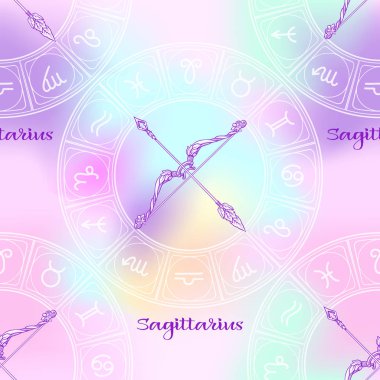 Bir Astroloji, zodyak işaretleri sembolleri ile Seamless modeli. Yumuşak ultra violet vanilya pastel renklerle. Hisse senedi vektör çizim.