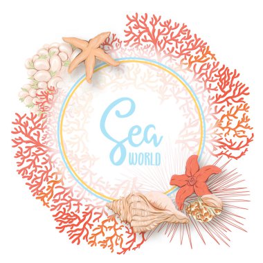 Altın balık, mercan ve kabukları ile deniz kartı. Tebrik kartı, davet için iyi. Metin için yer şablonu. Hisse senedi, vektör, illüstrasyon.