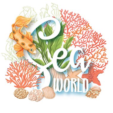 Altın balık, mercan ve kabukları ile deniz kartı. Tebrik kartı, davet için iyi. Metin için yer şablonu. Hisse senedi, vektör, illüstrasyon.