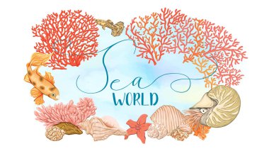 Altın balık, mercan ve kabukları ile deniz kartı. Tebrik kartı, davet için iyi. Metin için yer şablonu. Hisse senedi, vektör, illüstrasyon.