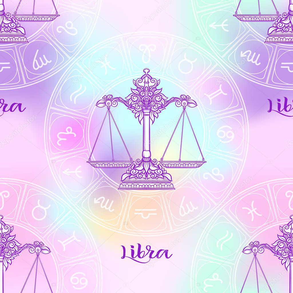 Seamless pattern with symbols of a horoscope, signs of the zodiac. In soft ultra violet vanilla pastel colors. Stock vector illustration.