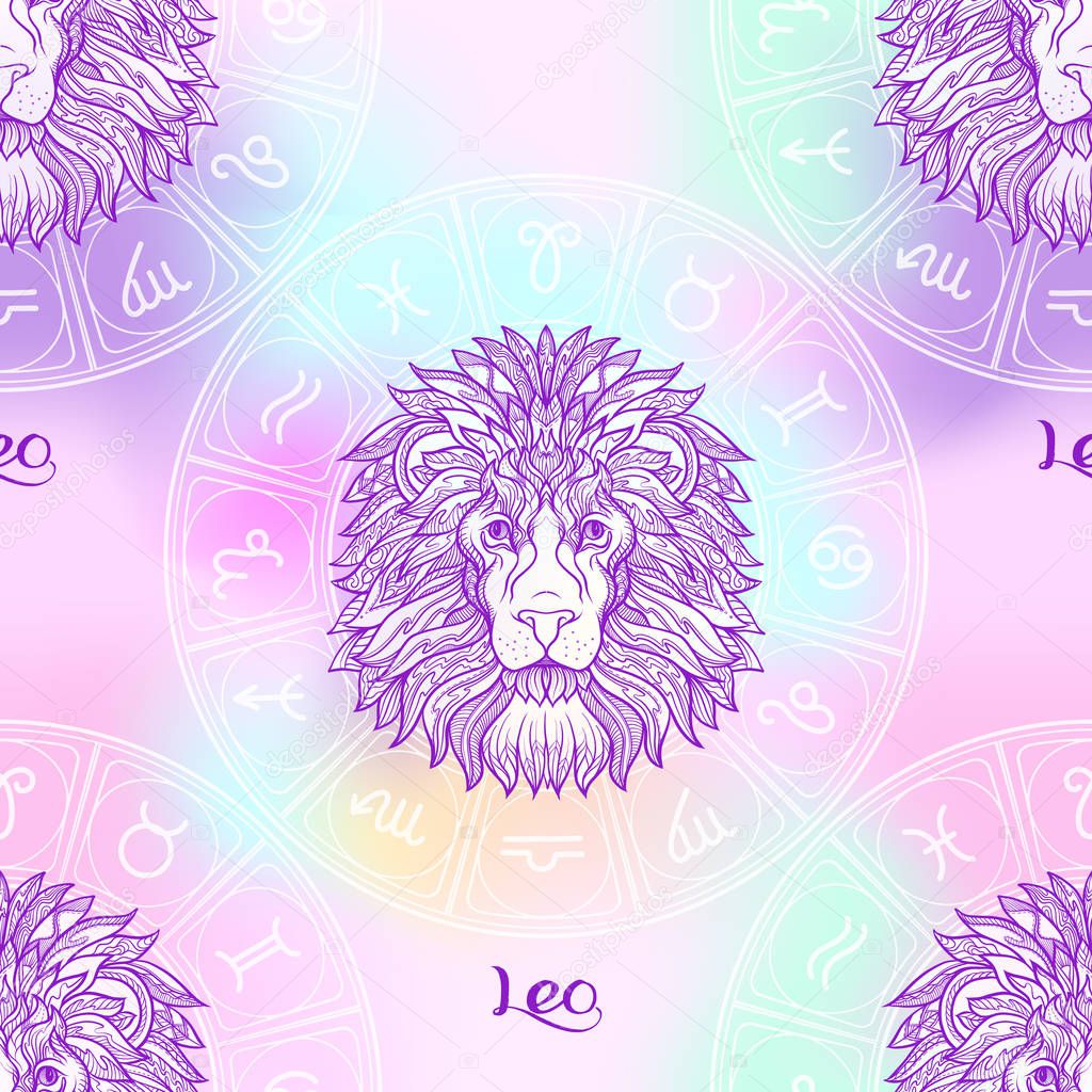 Seamless pattern with symbols of a horoscope, signs of the zodiac. In soft ultra violet vanilla pastel colors. Stock vector illustration.