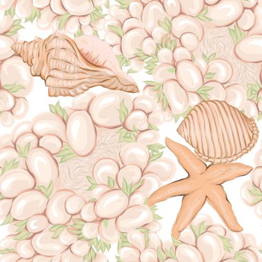 Deniz dünya seamless modeli, balık, mercan ve beyaz arka plan üzerinde kabukları ile arka plan. Hisse senedi vektör çizim.