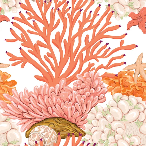 Απρόσκοπτη Μοτίβο Κόσμο Θάλασσα Φόντο Ψάρια Κοράλλια Και Κοχύλια Άσπρο — Διανυσματικό Αρχείο