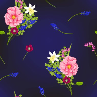 Çiçek seamless modeli, arka plan üzerinde koyu mavi arka plan bahar çiçekleri ile. Vektör çizim gradyanlar ve saydamlık olmadan.
