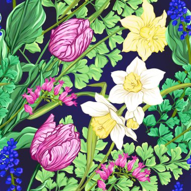 Çiçek seamless modeli, arka plan üzerinde koyu mavi arka plan bahar çiçekleri ile. Vektör çizim gradyanlar ve saydamlık olmadan.