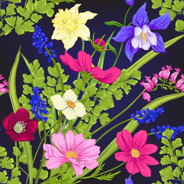 Çiçek seamless modeli, arka plan üzerinde koyu mavi arka plan bahar çiçekleri ile. Vektör çizim gradyanlar ve saydamlık olmadan.