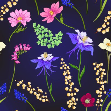 Çiçek seamless modeli, arka plan üzerinde koyu mavi arka plan bahar çiçekleri ile. Vektör çizim gradyanlar ve saydamlık olmadan.