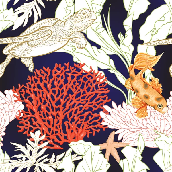 海世界无缝格局 背景与鱼 珊瑚和贝壳在蓝色和白色条纹背景 股票矢量图 彩色和轮廓设计 — 图库矢量图片