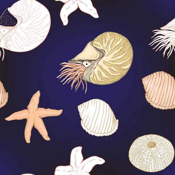 Απρόσκοπτη Μοτίβο Κόσμο Θάλασσα Φόντο Ψάρια Κοράλλια Και Κοχύλια Φόντο — Διανυσματικό Αρχείο