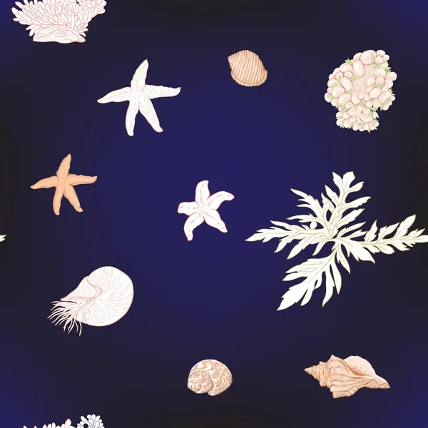 Deniz Dünya Seamless Modeli Balık Mercan Kabukları Mavi Beyaz Çizgili — Stok Vektör