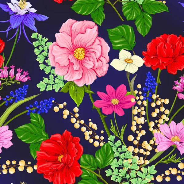 Sömlös Blommönster Bakgrund Med Vårblommor Mörkblå Bakgrund Vektorillustration Utan Övertoningar — Stock vektor