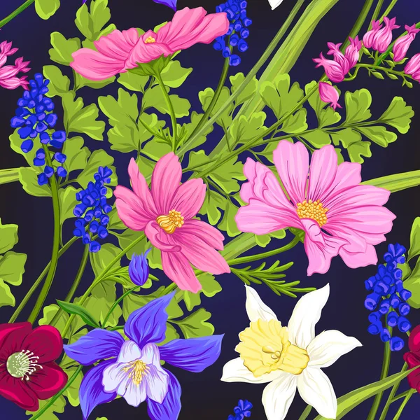 Padrão Sem Costura Floral Fundo Com Flores Primavera Fundo Azul —  Vetores de Stock