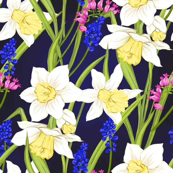 Naadloze Bloemmotief Achtergrond Met Lentebloemen Donker Blauwe Achtergrond Vectorillustratie Zonder — Stockvector