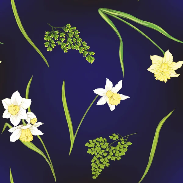 Florales Nahtloses Muster Hintergrund Mit Frühlingsblumen Auf Dunkelblauem Hintergrund Vektorabbildung — Stockvektor