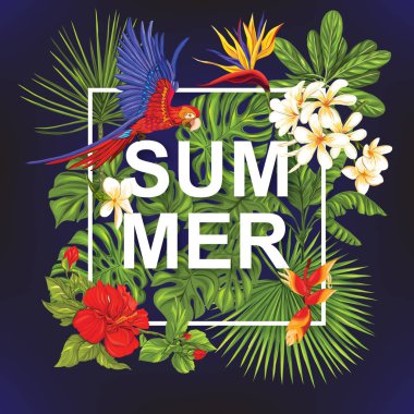 Şablon / poster, afiş, kartpostal ile tropik çiçekler ve bitkiler ve papağan kuş siyah arka plan üzerine. Hisse senedi vektör çizim.