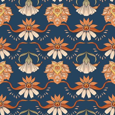 Çiçek seamless modeli, arka planda art nouveau tarzında, vintage, eski, retro tarzı. Vektör çizim. Kot mavi zemin üzerine.