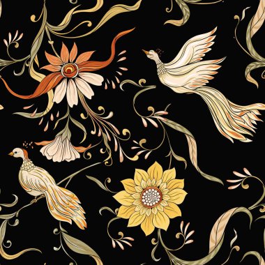 Vintage çiçekler ve kuşlar seamless modeli, arka plan. Art nouveau tarzında, vintage, eski, retro tarzı. Vektör çizim. Dlack arka plan üzerinde.