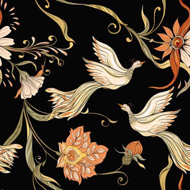 Vintage çiçekler ve kuşlar seamless modeli, arka plan. Art nouveau tarzında, vintage, eski, retro tarzı. Vektör çizim. Dlack arka plan üzerinde.