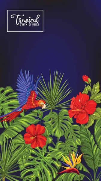 Plantilla Póster Pancarta Postal Con Flores Plantas Tropicales Pájaro Loro — Archivo Imágenes Vectoriales