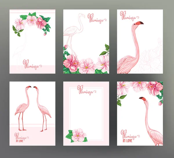 Zestaw Szablon Transparent Zaproszenie Pocztówka Bon Pink Flamingo Tropikalnych Kwiatów — Wektor stockowy