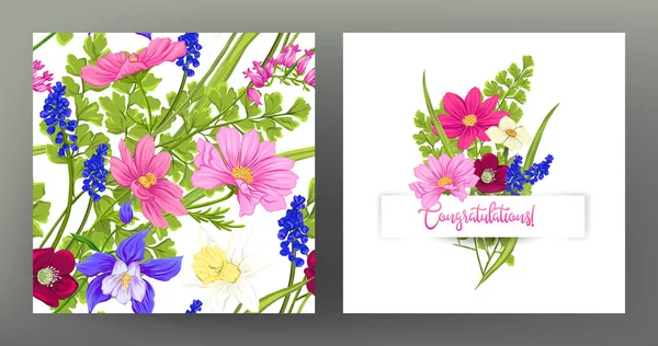 シームレスなパターンと春の花の花束とお祝いの碑文のグリーティング カードのセットします グラデーションと透明度なしのベクトル図 — ストックベクタ