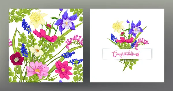 Conjunto Patrón Sin Costuras Tarjeta Felicitación Con Ramo Flores Primavera — Vector de stock