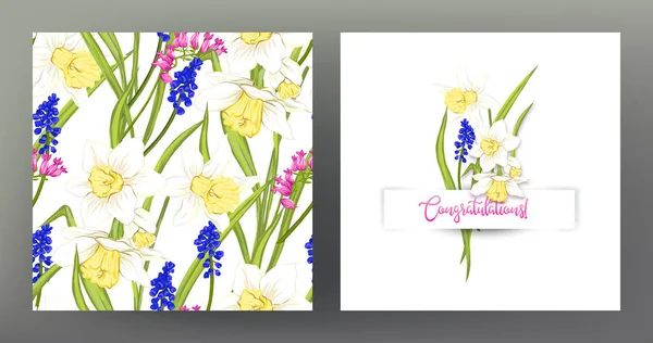 Conjunto Patrón Sin Costuras Tarjeta Felicitación Con Ramo Flores Primavera — Archivo Imágenes Vectoriales