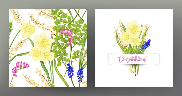 Ustawić Wzór Kartkę Życzeniami Bukietem Wiosennych Kwiatów Napis Gratulacje Ilustracja — Wektor stockowy