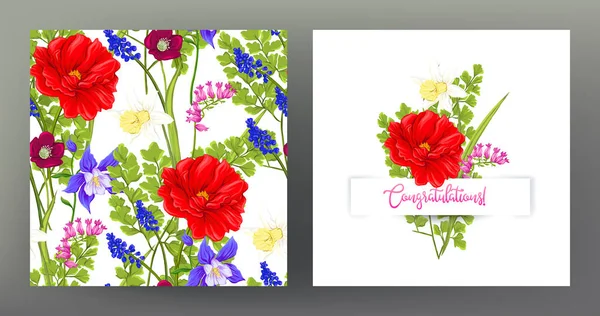 Conjunto Patrón Sin Costuras Tarjeta Felicitación Con Ramo Flores Primavera — Archivo Imágenes Vectoriales