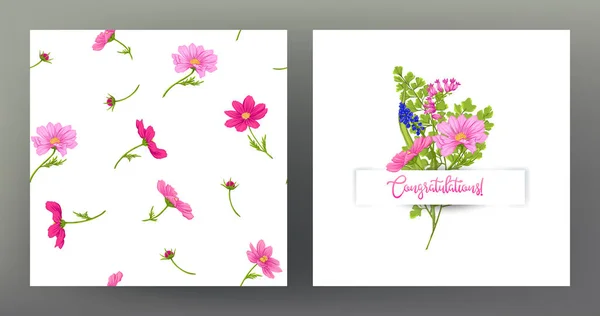 Conjunto Patrón Sin Costuras Tarjeta Felicitación Con Ramo Flores Primavera — Vector de stock