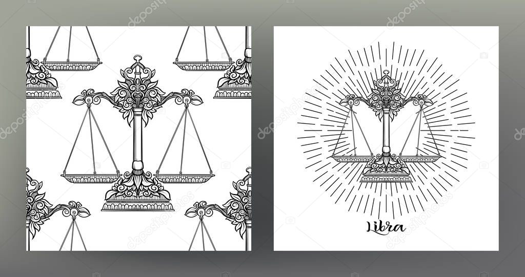Libra, weigher. Set of Zodiac sign illustration on the sacred geometry symbol pattern and seamless pattern with this sign. Black-and-white graphics. Stock vector illustration.