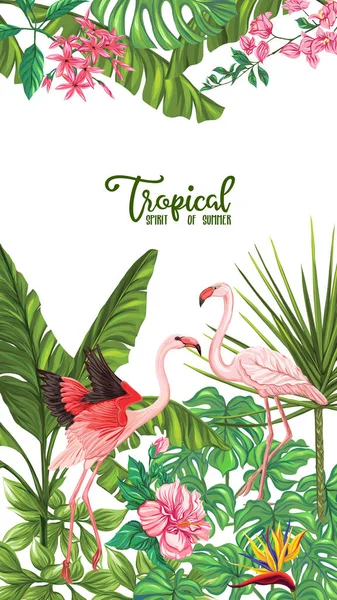 Plantilla Póster Pancarta Postal Con Flores Plantas Tropicales Pájaro Flamenco — Archivo Imágenes Vectoriales