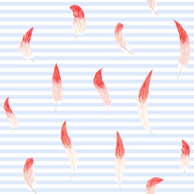 Dikişsiz desen, arka plan. pembe flamingo tüyler ile mavi ve beyaz çizgili arka plan üzerinde. Hisse senedi vektör çizim.