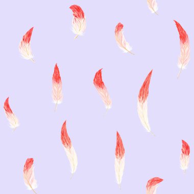Dikişsiz desen, arka plan. yumuşak ultra violet arka plan üzerinde pembe flamingo tüyleri ile. Hisse senedi vektör çizim.