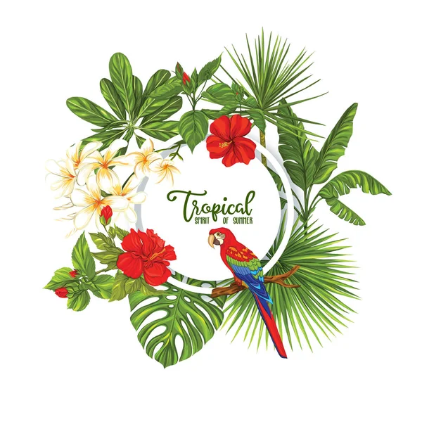 Plantilla Póster Pancarta Postal Con Flores Plantas Tropicales Pájaro Sobre — Archivo Imágenes Vectoriales