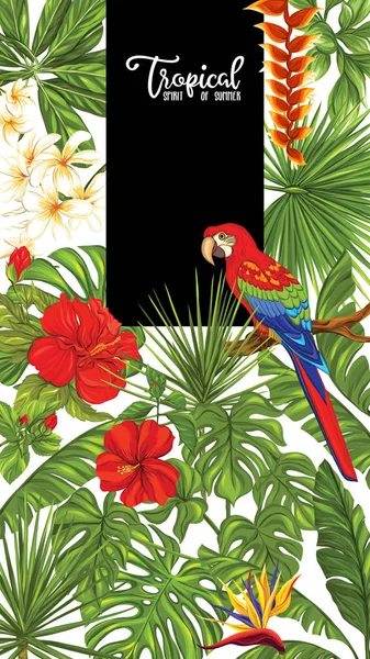 Plantilla Póster Pancarta Postal Con Flores Plantas Tropicales Pájaro Sobre — Archivo Imágenes Vectoriales